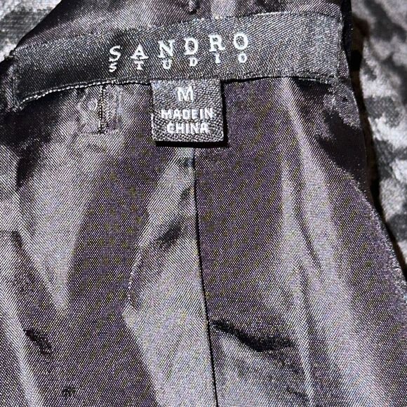 Sandro Studio Black Grey Leopard Print Ruffle Front Belted Jacket Size Medium - Picture 3 of 7